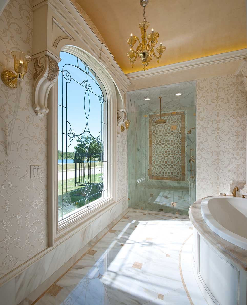 Luxury Bathroom with beautiful art glass window